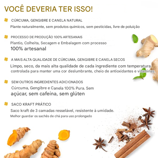 🌹Chá de cúrcuma, gengibre e canela 149% natural