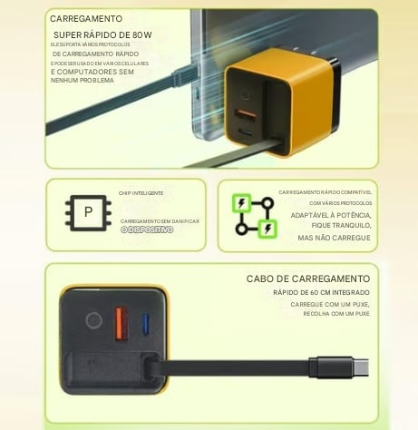 ✨Carregador 3 em 1 Retrátil 80W MAX Rápido