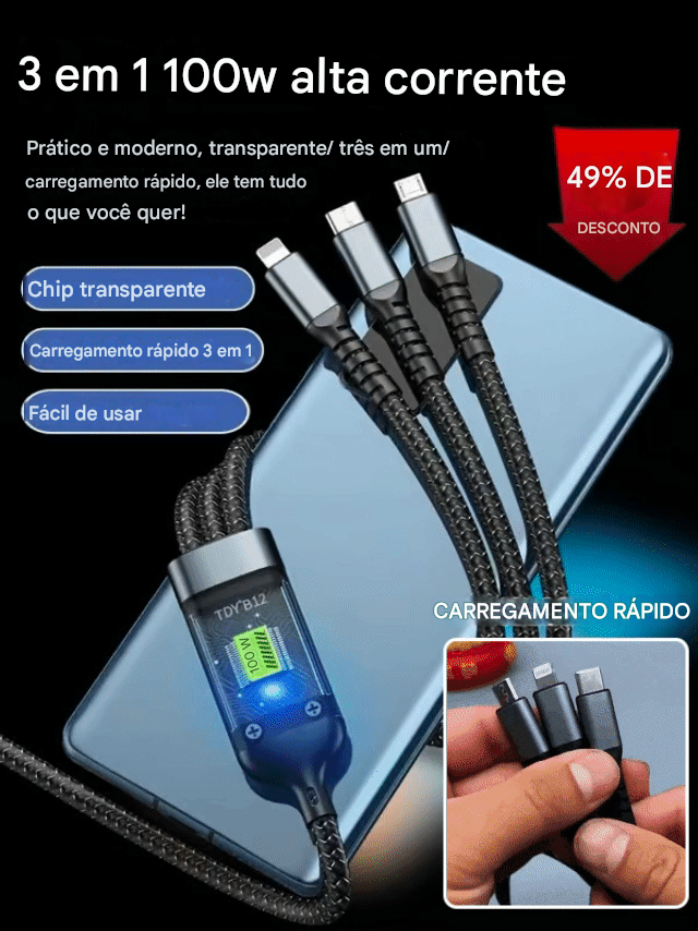 Cabo 3 em 1 Transparente e Iluminado – Dados e Carregamento