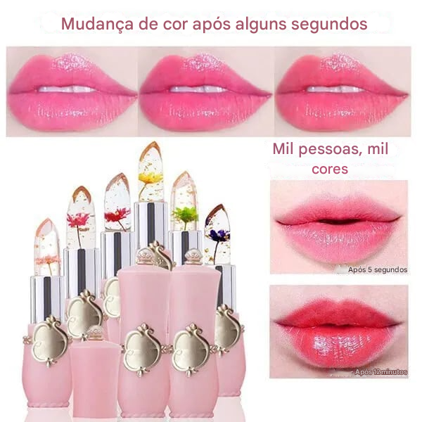 Batom com efeito de flor de gelatina cristal que muda de cor