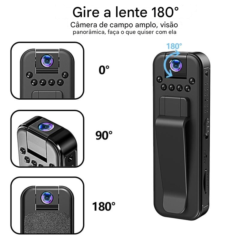 🔥 Câmera corporal vestível com visão noturna e lente rotativa de 180° — ideal para vlogs.
