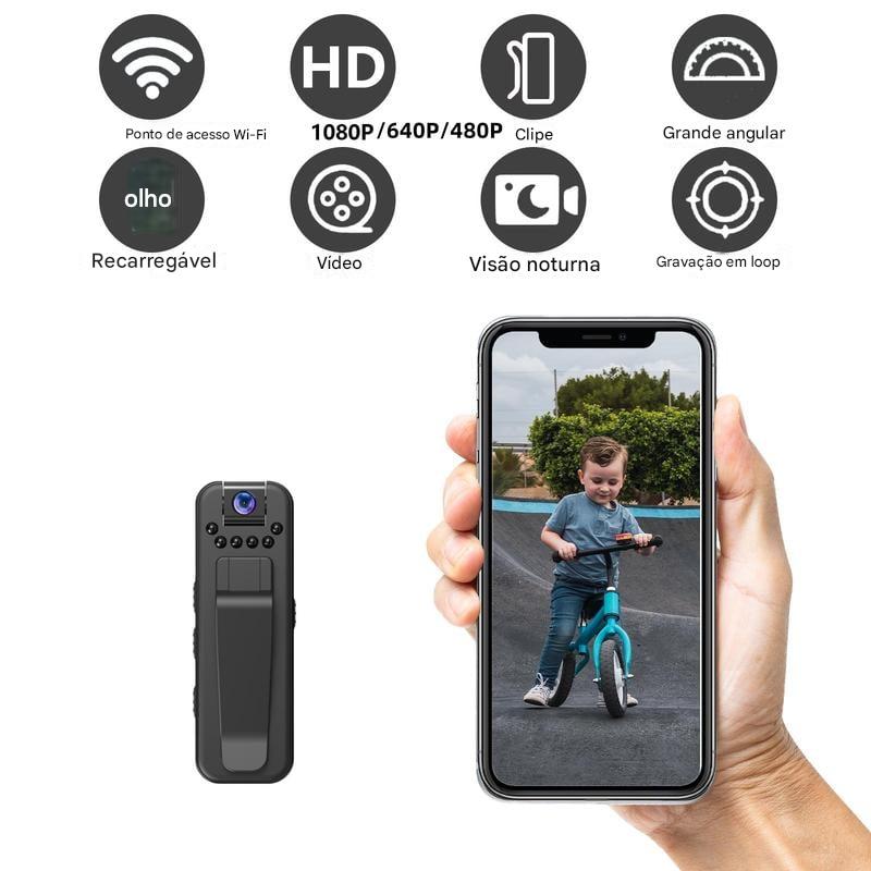 🔥 Câmera corporal vestível com visão noturna e lente rotativa de 180° — ideal para vlogs.
