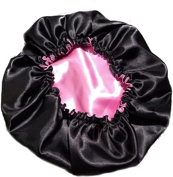 Touca De Cetim Dupla Face Preta Com Rosa Ajustável