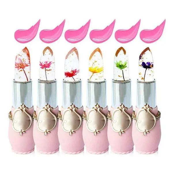 Batom com efeito de flor de gelatina cristal que muda de cor