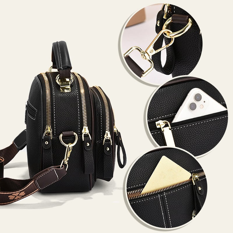 Bolsa transversal de couro com alça larga ajustável e compartimentos multifuncionais clássicos
