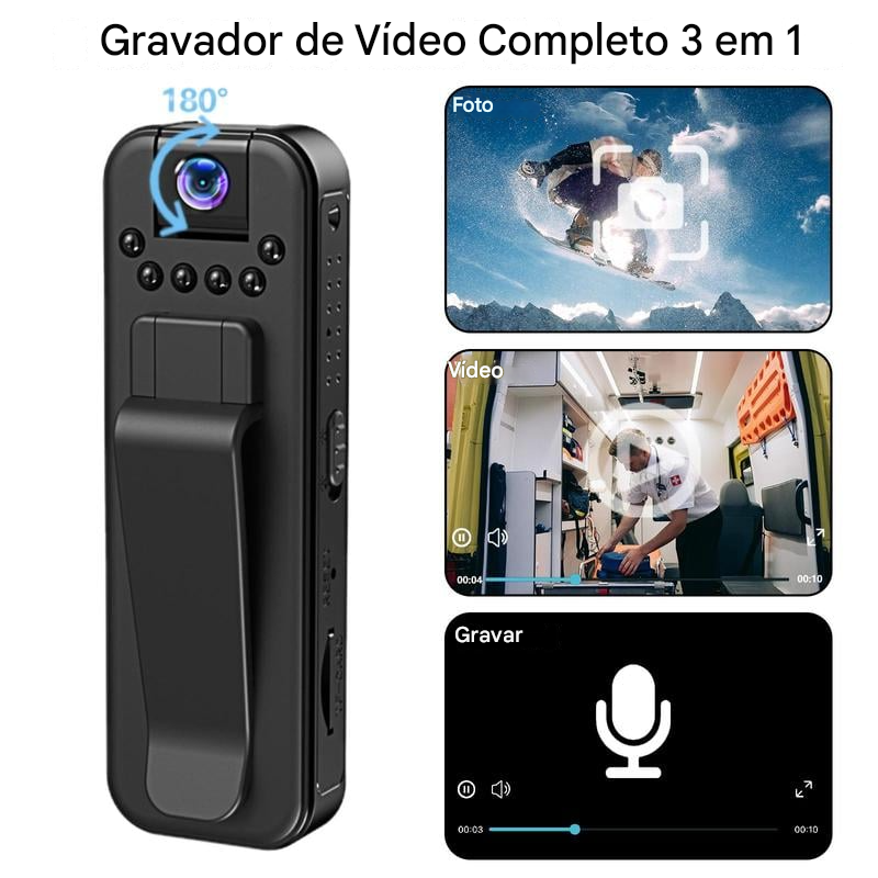 🔥 Câmera corporal vestível com visão noturna e lente rotativa de 180° — ideal para vlogs.