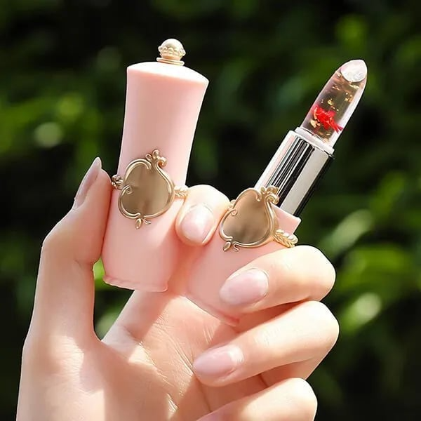 Batom com efeito de flor de gelatina cristal que muda de cor