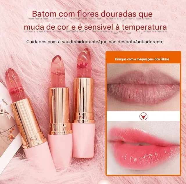 Batom com efeito de flor de gelatina cristal que muda de cor